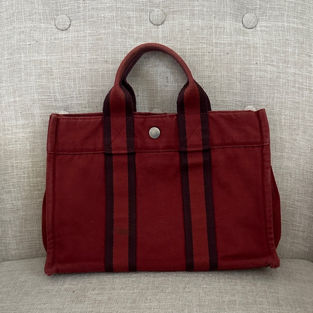Hermes Burgundy Canvas Tote Bag